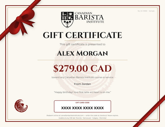 Sample CBI Gift Certificate with ribbon and bow, made out to the recipient with a gift card code